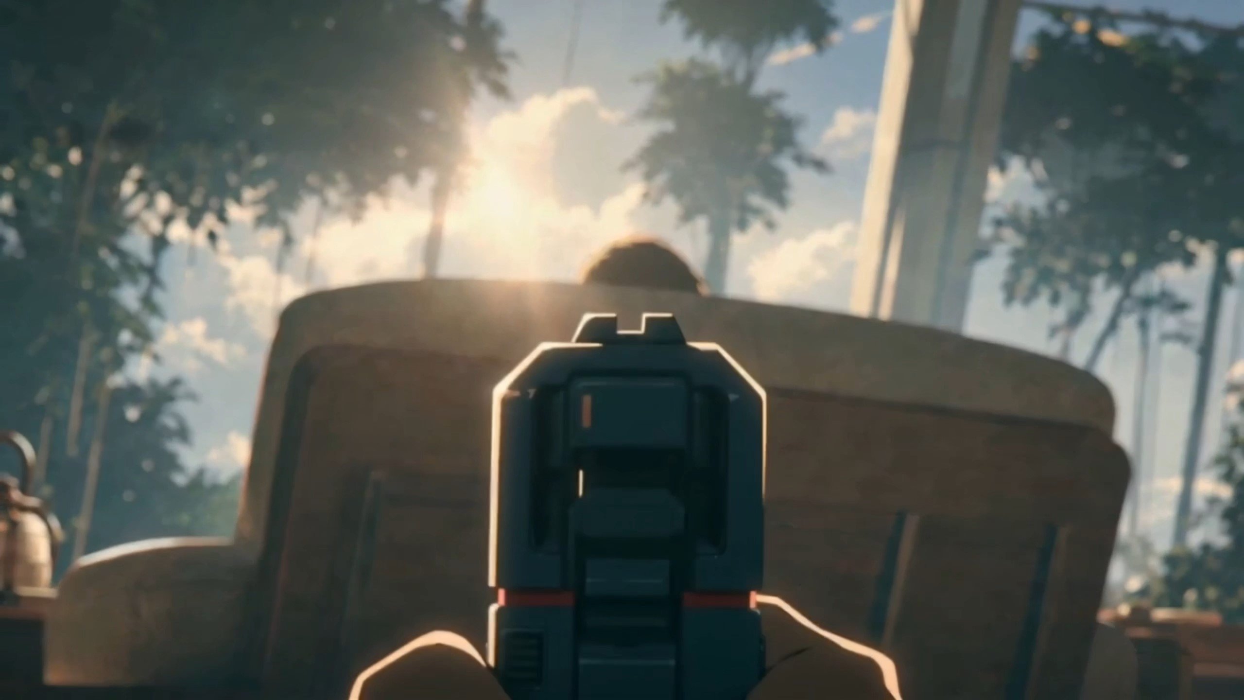Flow State — a first-person view through a sunlit forest, with a pistol in the foreground.